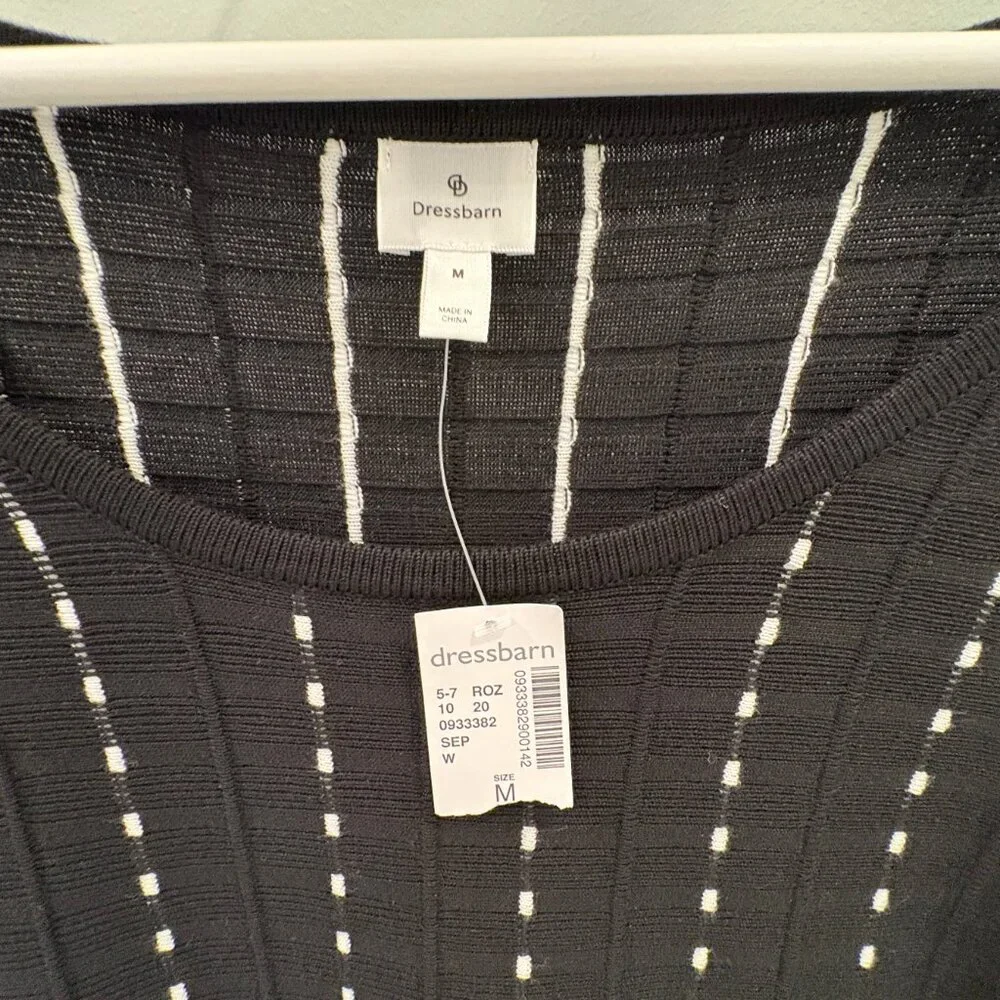 NWT Dressbarn Black Knit Dress White Pinstripe Stitching Fit & Flare Size Medium - Picture 3 of 4